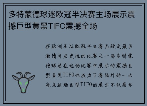 多特蒙德球迷欧冠半决赛主场展示震撼巨型黄黑TIFO震撼全场